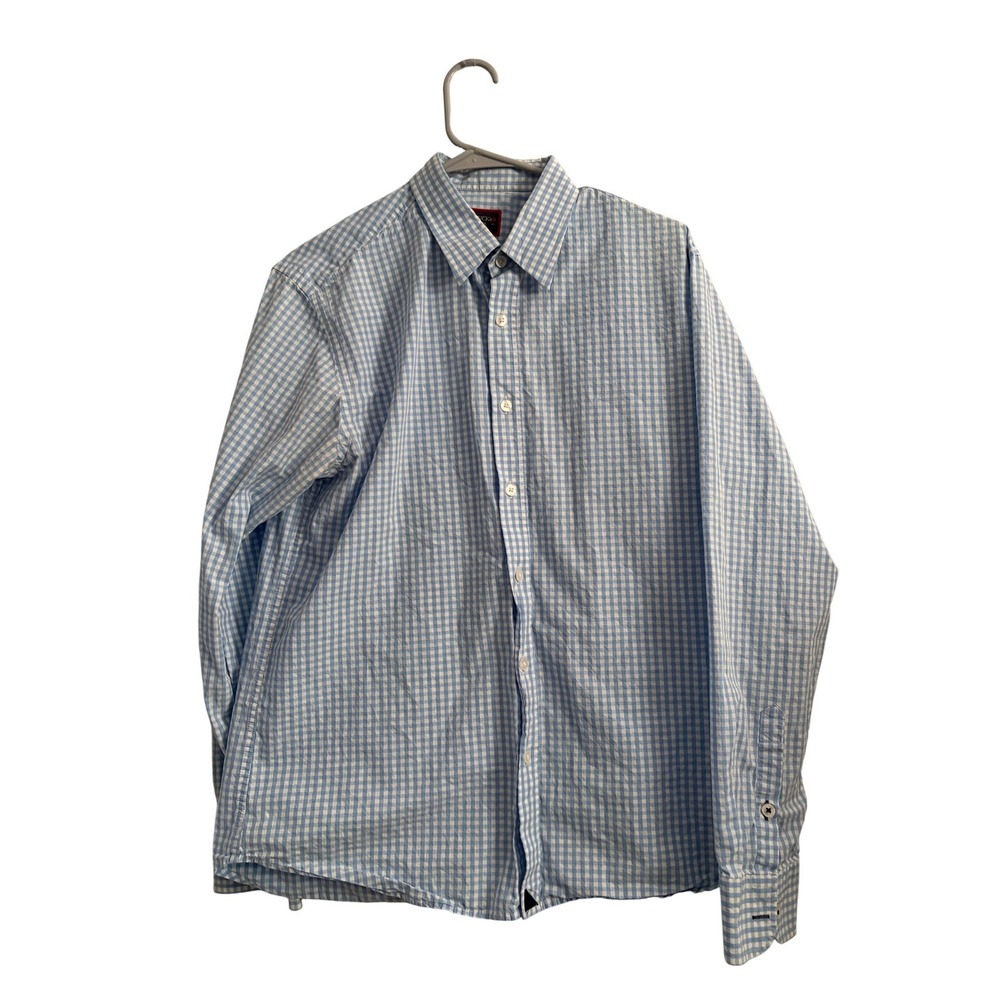 UNTUCKit Mens Large‎ Slim Fit Gingham Button Down Shirt Light Blue White Cotton